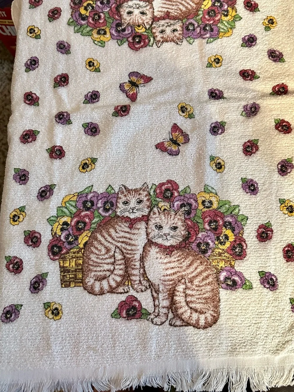 Vintage White Hand Towels with Brown Tabby Cats and Colorful Pansies
